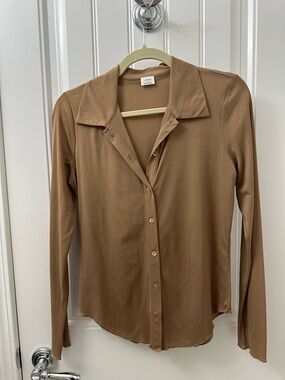 Wilfred Camel Brown Sheer Button-Down Long Sleeve Top